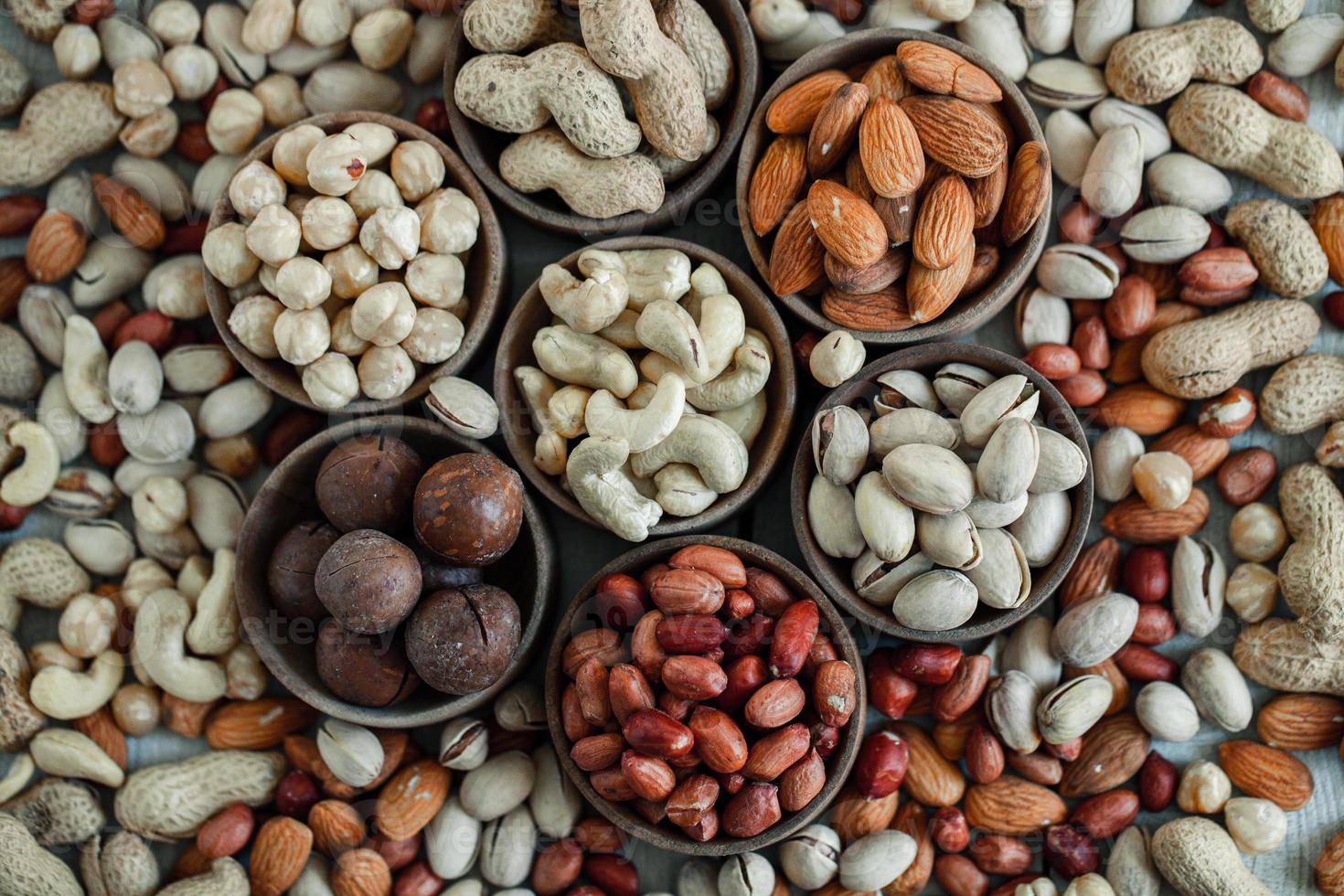 Assorted nuts for a background Almond, walnut,cashew, pistachios, hazelnuts, peanuts, Macadamia Collection of different varieties of nuts. Composition with dried fruits Healthy food. Organic. photo