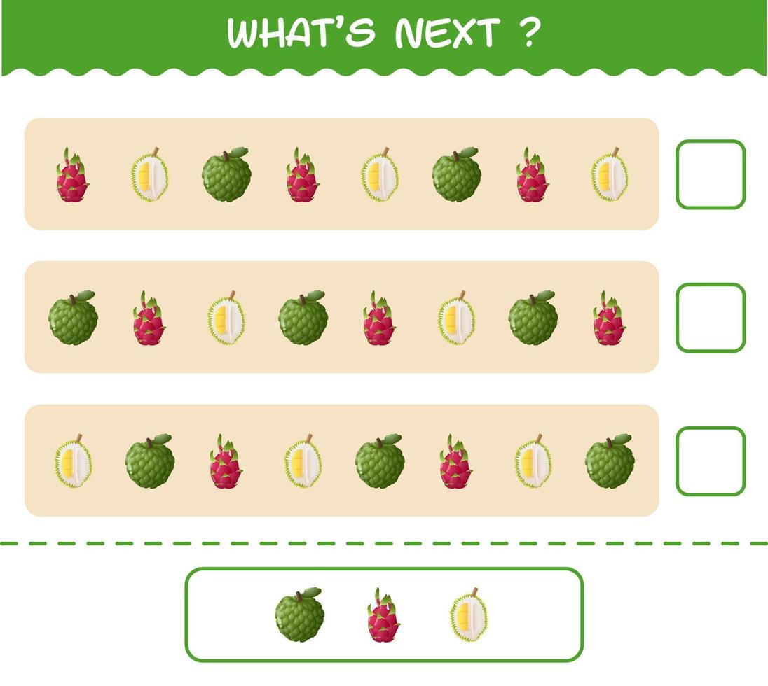 What's comes next educational game of cartoon fruits. Find the regularity and continue the row task. Educational game for pre shool years kids and toddlers vector