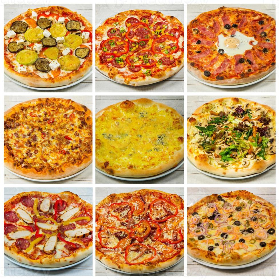 Different slices of pizza with different toppings on a white background. Cut into slices delicious fresh pizza. Tasty pizza on white. photo