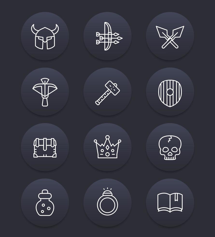 Game line icons set 2, armor, war hammer, crossbow, arrows and bow, RPG items vector