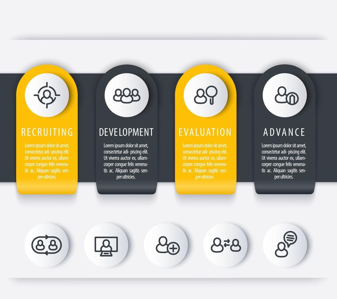 Staff, HR, employee development timeline template, steps, infographics elements with line icons for business report, vector illustration