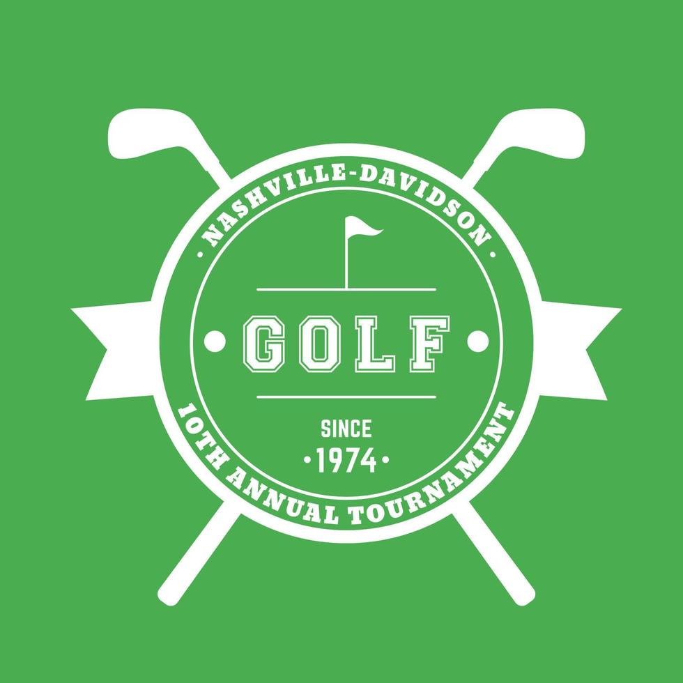 placa redonda del torneo de golf, cartel con palos de golf cruzados, blanco sobre verde, ilustración vectorial vector