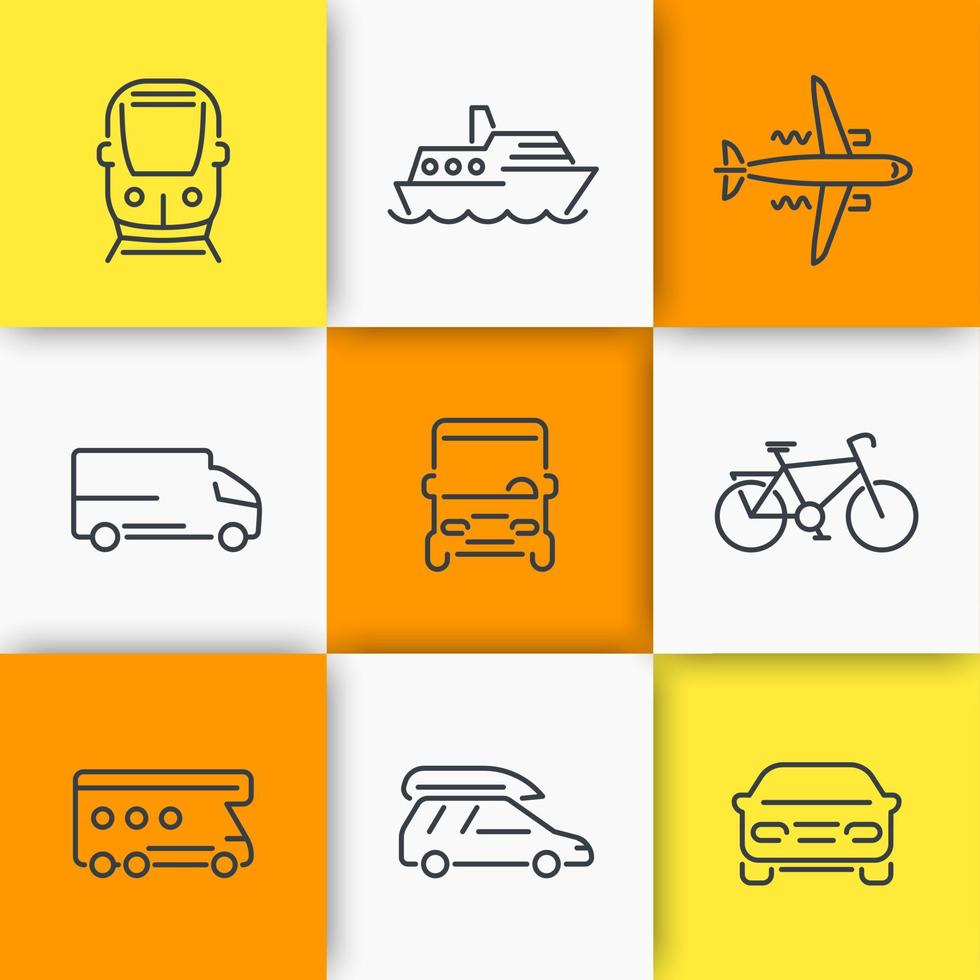 iconos de transporte, coche, furgoneta, autobús, tren, avión, barco iconos lineales en cuadrados, ilustración vectorial vector