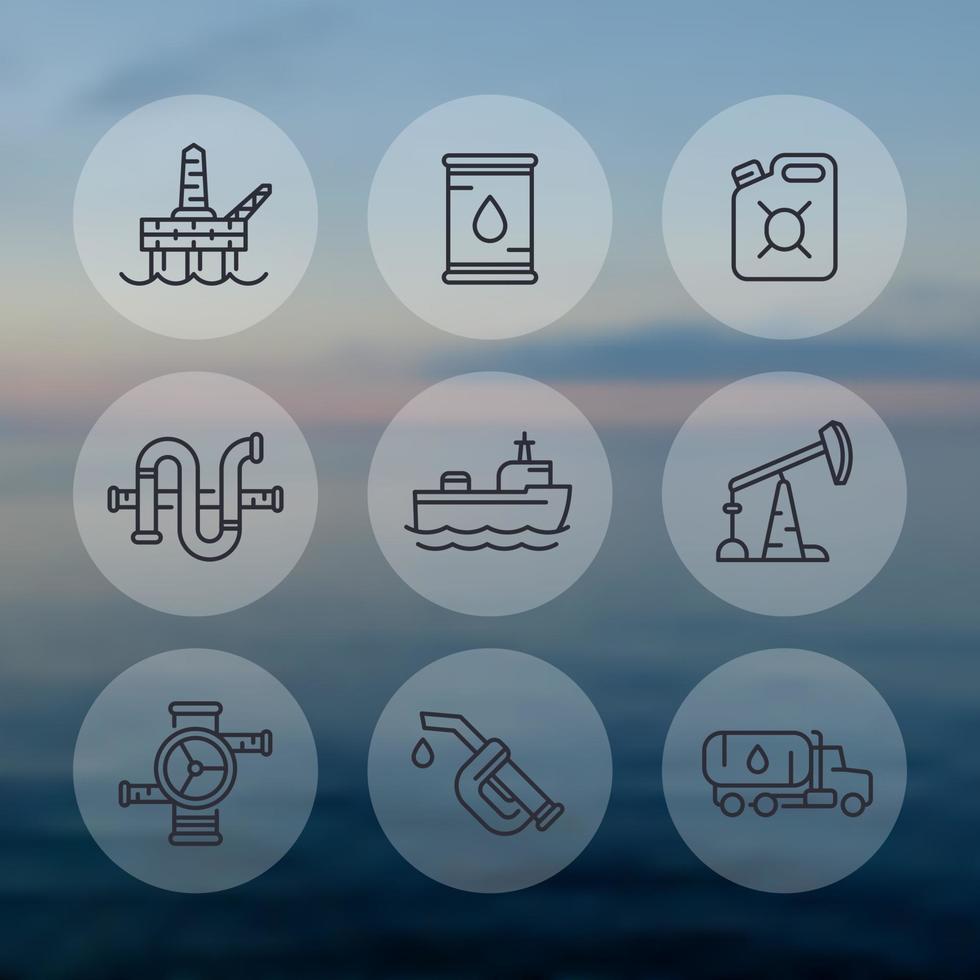 Petroleum industry line icons set, barrel, petrol can, gasoline nozzle, oil and gas production platform, rig, derrick, tanker ship vector