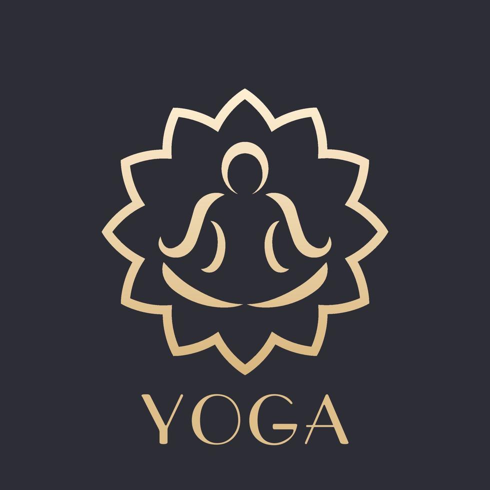 yoga logo element, outline of man in lotus position doing meditation, gold on dark vector