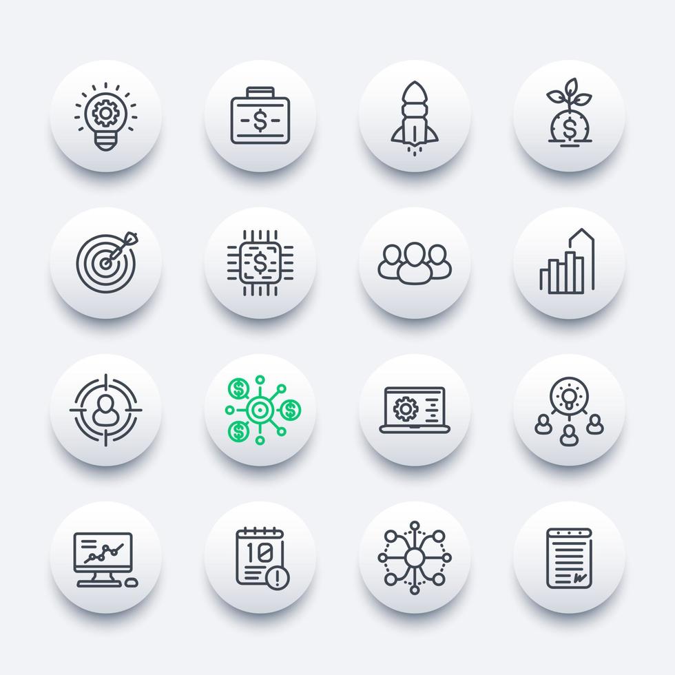 startup line icons set, product launch, initial capital, project funding, contract, ipo, target market vector