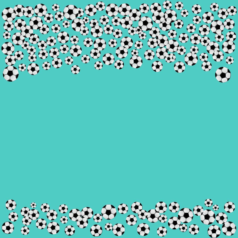 Soccer balls confetti frame on mint green background with space for text. Football party invitation template. Sports championship concept vector illustration.