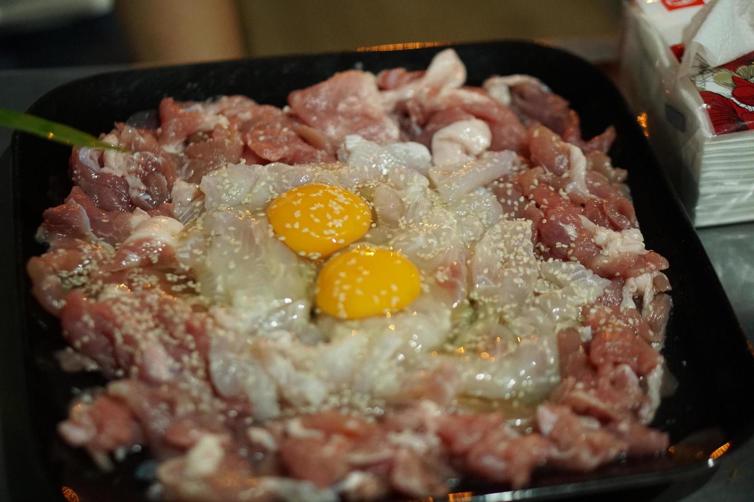 meat and eggs on a plate photo