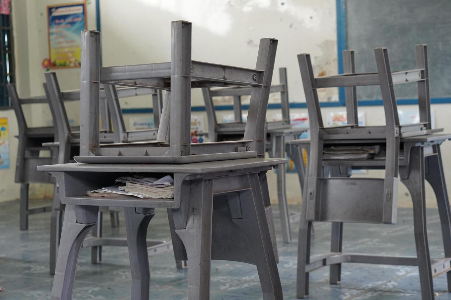 Student desks and chairs are made of plastic in the classroom. photo