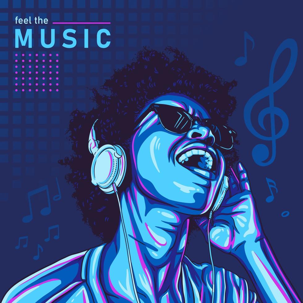 chica afro disfrutando de la música con gafas de sol e ilustración de auriculares vector