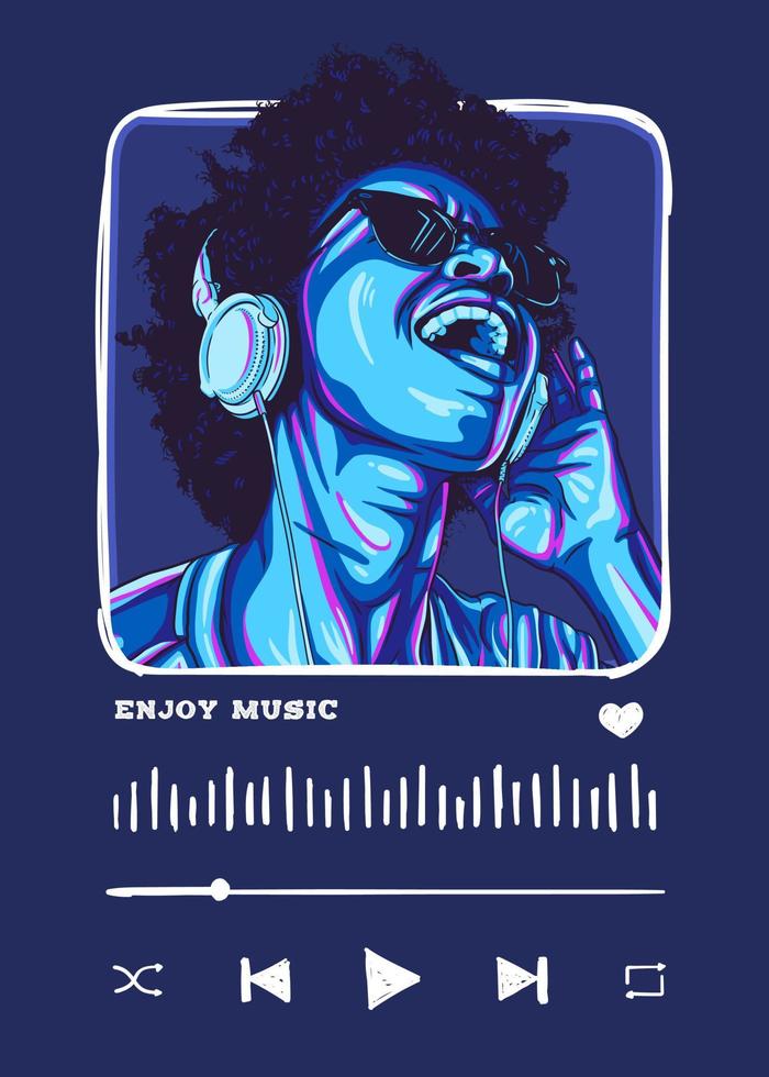 Mobile app music player interface with an afro girl enjoying music vector