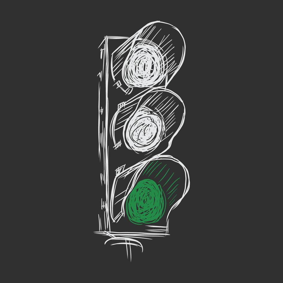 Traffic lights, only green light is on, hand drawn illustration on black background vector