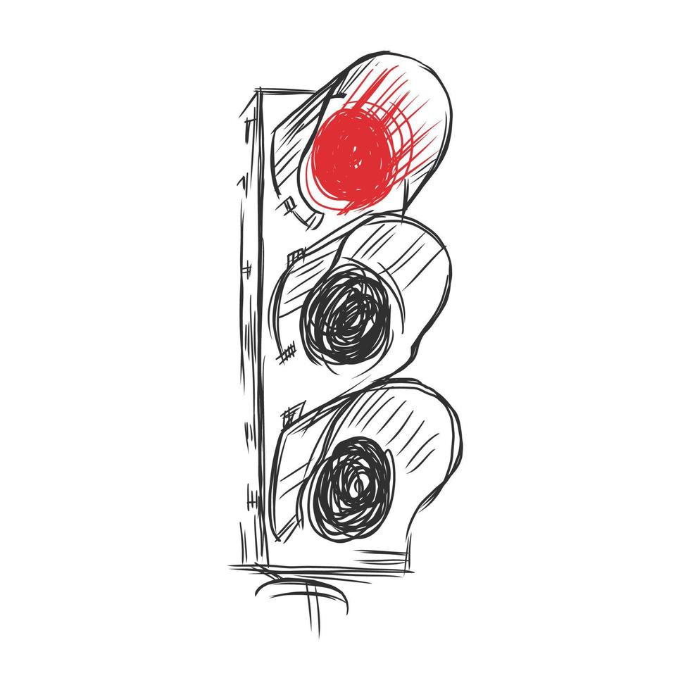 Traffic lights, only red light is on, hand drawn vector illustration