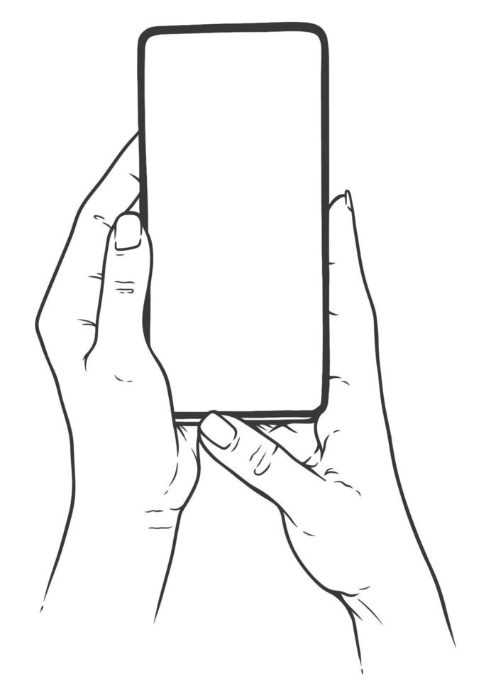 Female hands holding mobile phone, vector line art illustration