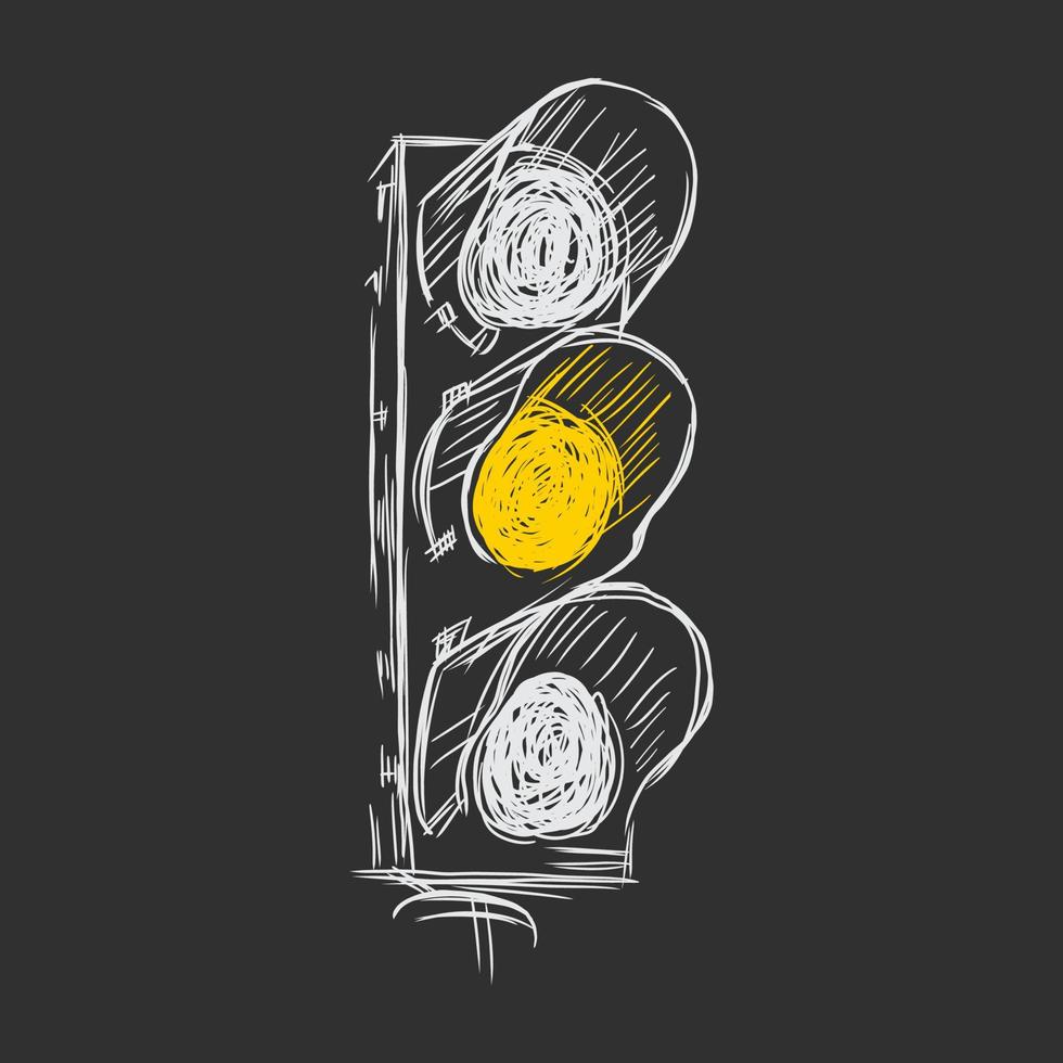 Traffic lights, only yellow light is on, hand drawn illustration on black background vector