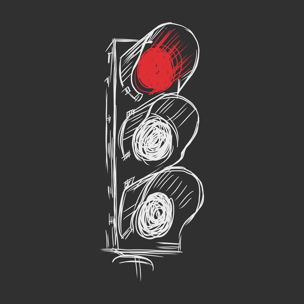 Traffic lights, only red light is on, hand drawn illustration on black background vector