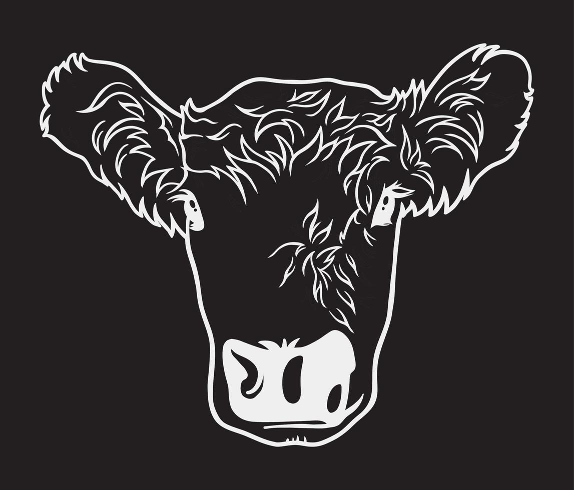 Cow head cartoon vector line art illustration on black background
