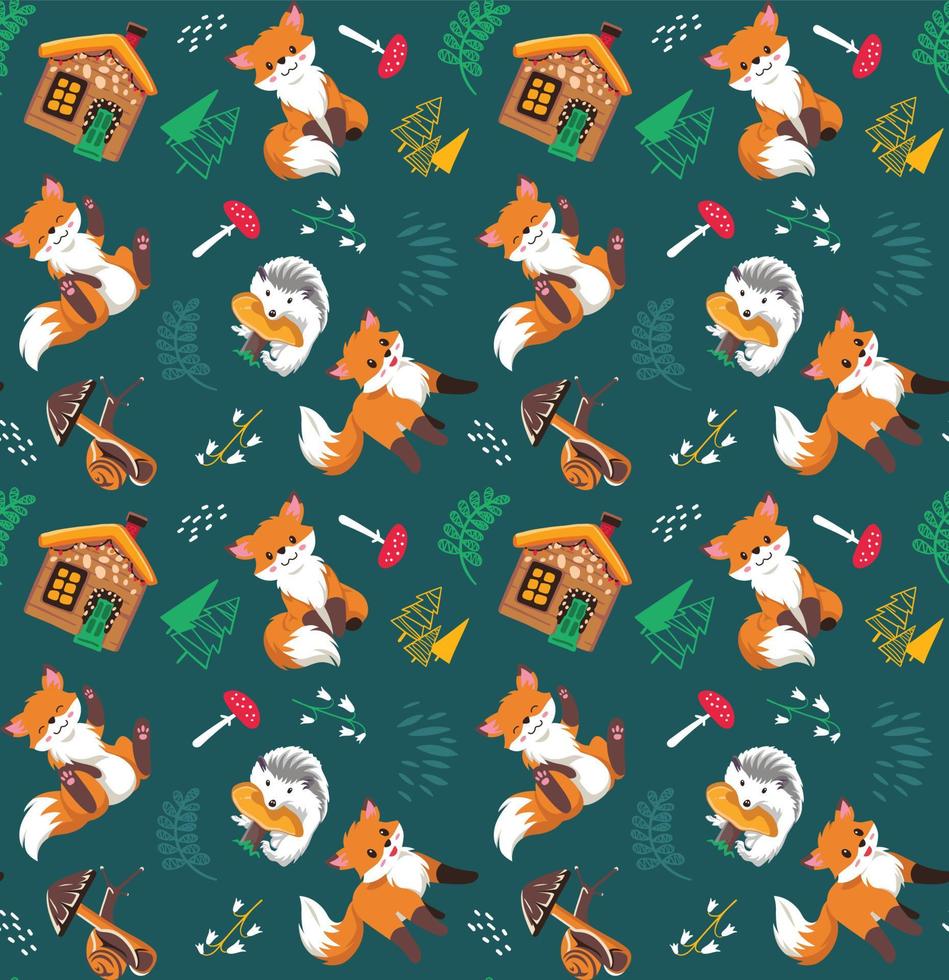 Fox seamless pattern in the green forest background vector