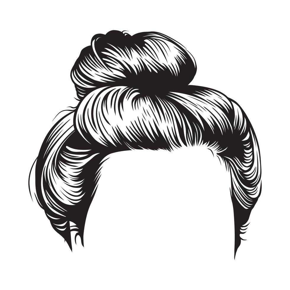 Messy bun hairstyle vector line art illustration