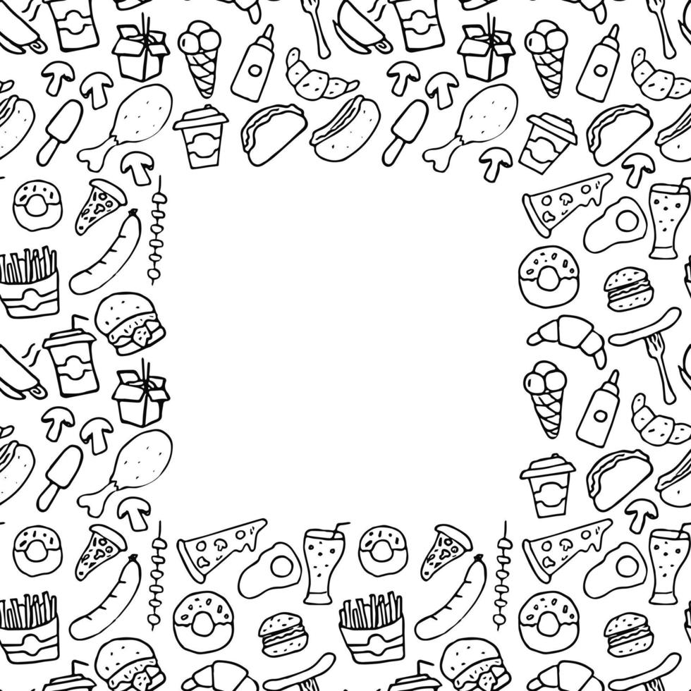 Seamless fast food pattern with place for text. Doodle vector with fast food icons on white background. Vintage fast food illustration, sweet elements background for your project, menu, cafe shop