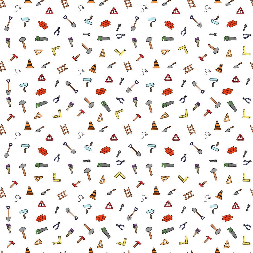 Colored construction build icons pattern. seamless doodle pattern with tools for construction. vector illustration on the theme of construction on white background