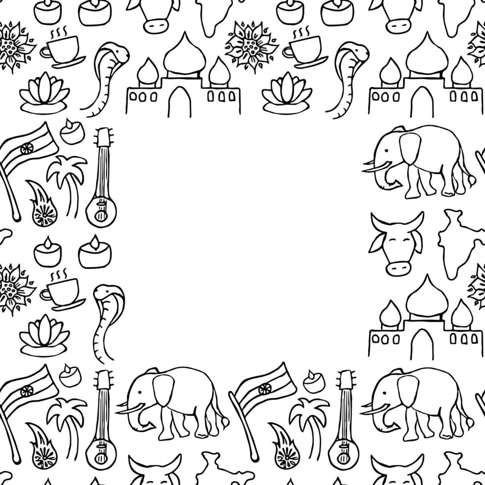 Seamless pattern with doodle indian icons with place for text. Indian vector icons. you can use this as a background for a wedding card or greeting