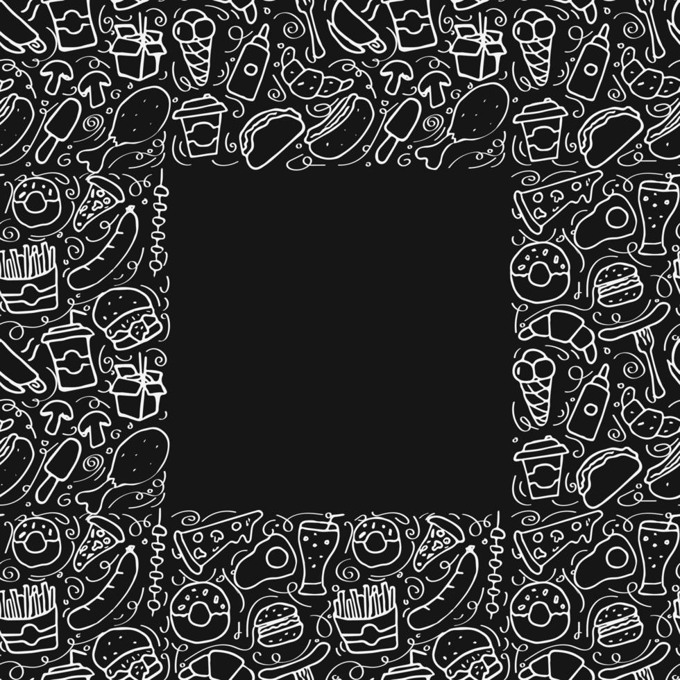 patrón de comida rápida sin costuras con lugar para texto. Doodle vector con iconos de comida rápida sobre fondo negro. ilustración de comida rápida vintage, fondo de elementos dulces para su proyecto, menú, cafetería