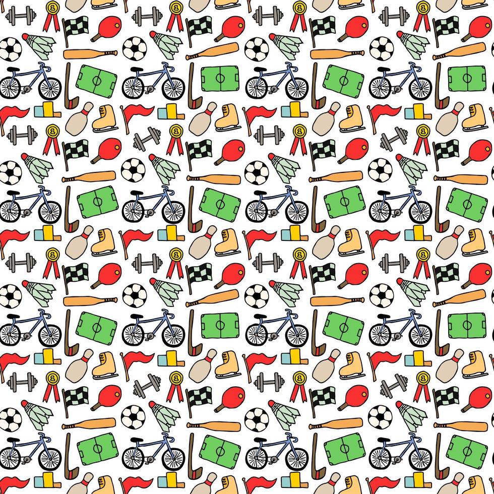 Colored seamless vector pattern with sports icons. Doodle vector with sport icons on white background. Vintage sport pattern