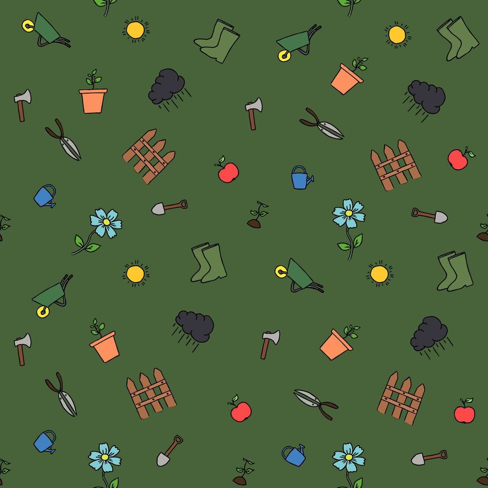 Colored seamless gardening pattern. Doodle vector with gardening icons. Vintage gardening icons on green background