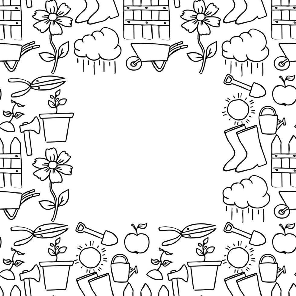 seamless gardening pattern with place for text. Doodle vector with gardening icons. Vintage gardening icons on white background