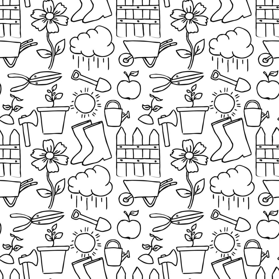 Seamless gardening pattern. Doodle vector with gardening icons. Vintage gardening icons on white background