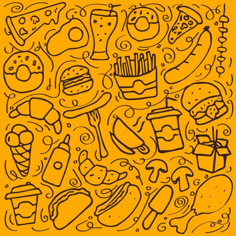 Orange pattern with fast food icons. Doodle food background vector