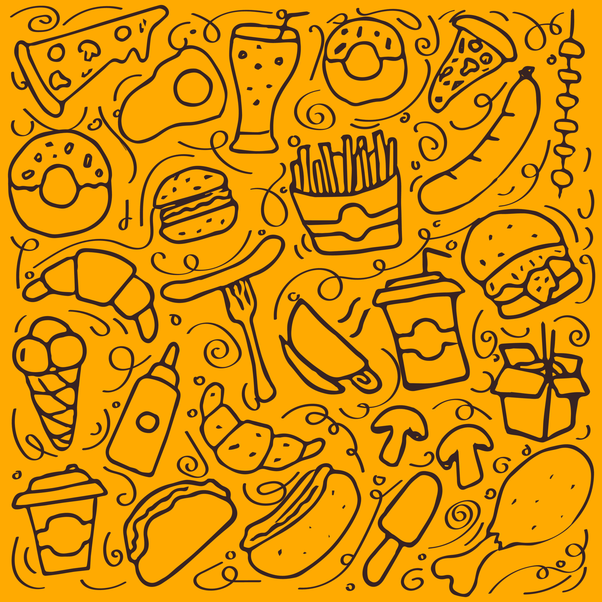 Orange pattern with fast food icons. Doodle food background 7286903 Vector  Art at Vecteezy