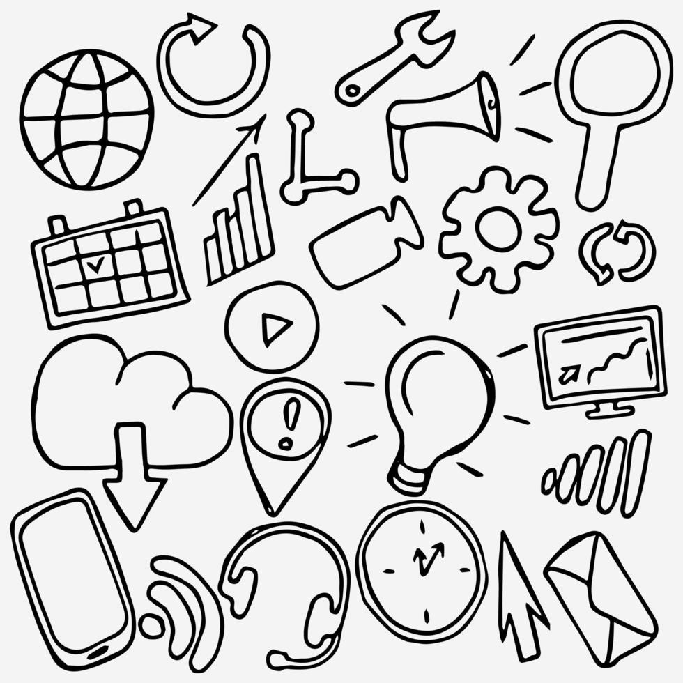 Technology set icons. Doodle vector with business and technology icons on white background