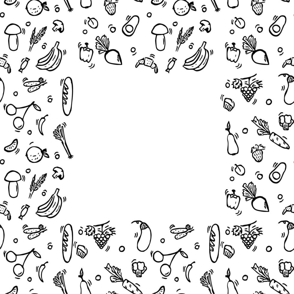 Seamless vegetarian food pattern with place for text. Doodle vector with vegetarian food icons on white background. Vintage vegetarian food illustration