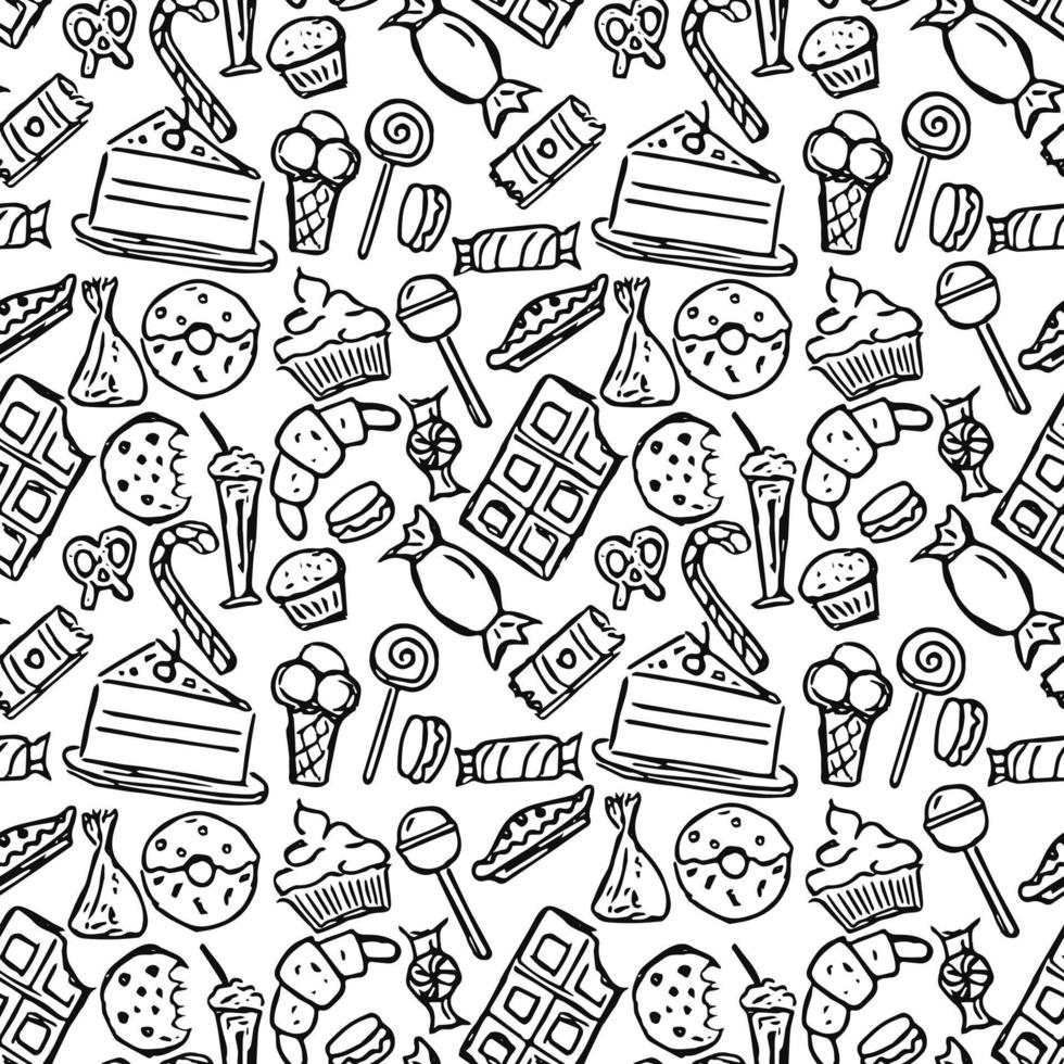 Seamless pattern with sweets. Doodle vector with sweets icons on white background. Vintage sweets illustration, sweet elements background for your project, menu, cafe shop