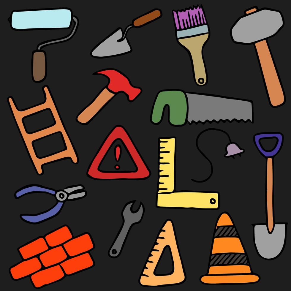 iconos de construcción de construcción de colores sobre fondo oscuro. Ilustración de vector de fideos con herramientas para la construcción.