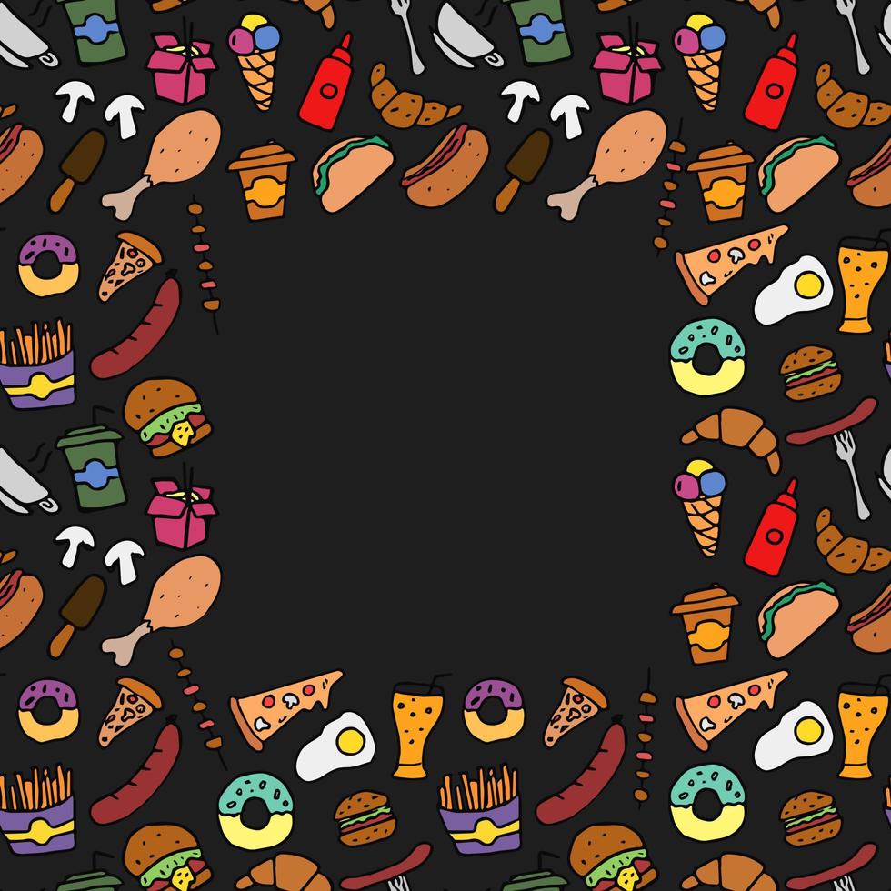 patrón de comida rápida transparente de color con lugar para text.doodle vector con iconos de comida rápida sobre fondo negro.ilustración de comida rápida vintage, fondo de elementos dulces para su proyecto, menú, cafetería