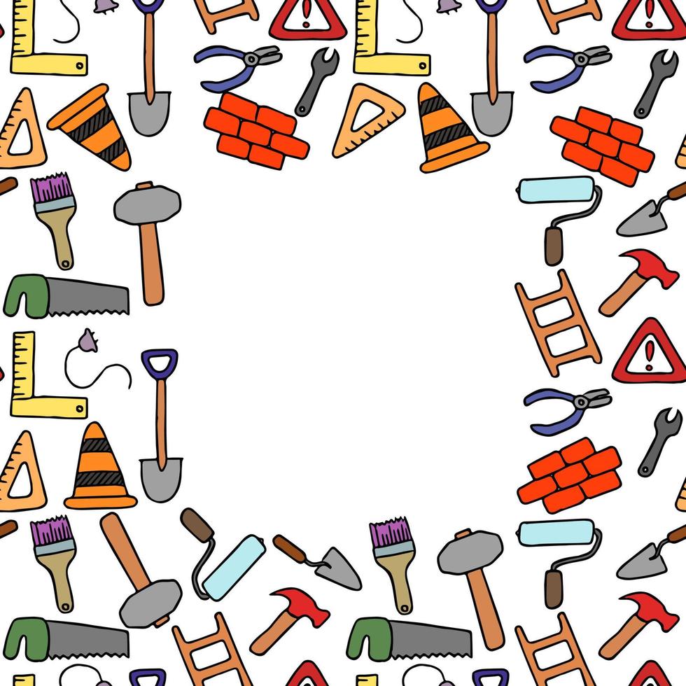 Colored construction build icons pattern with place for text. seamless doodle pattern with tools for construction. vector illustration on the theme of construction on white background