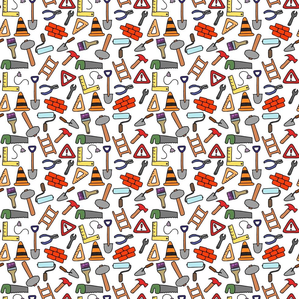 Colored construction build icons pattern. seamless doodle pattern with tools for construction. vector illustration on the theme of construction on white background