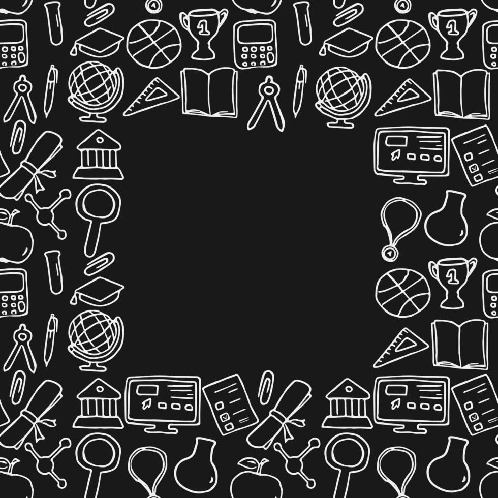 Seamless vector pattern with education icons. Doodle vector education and school icons on black background with place for text. Vintage education pattern