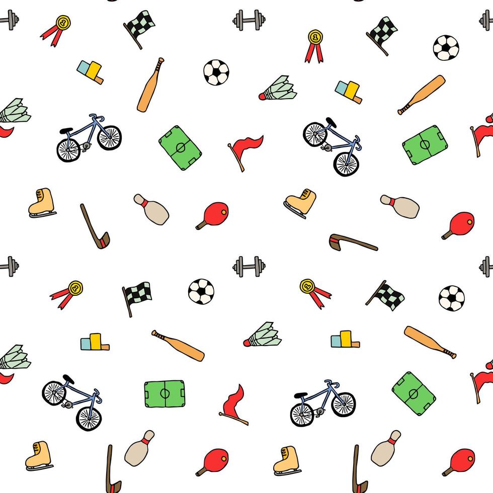 Colored seamless vector pattern with sports icons. Doodle vector with sport icons on white background. Vintage sport pattern