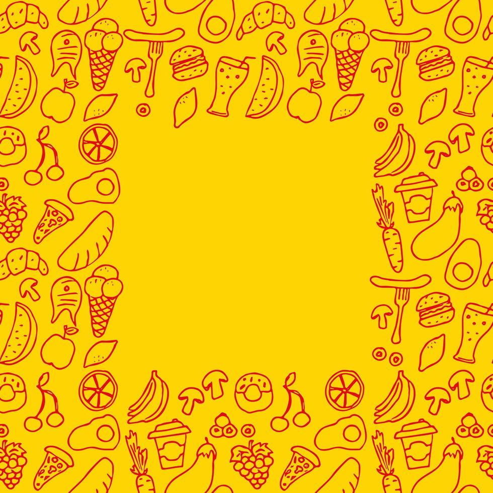 Doodle vector with food icons on yellow background. seamless pattern with food icons and place for text