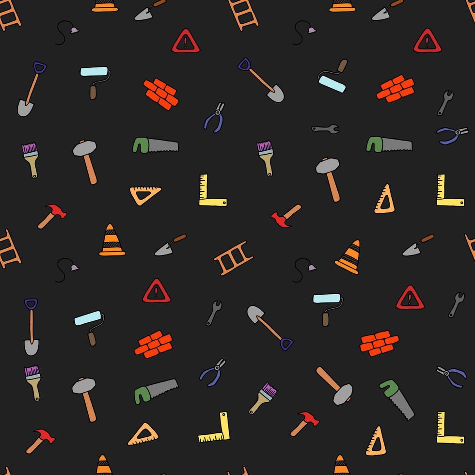 Colored construction build icons pattern. seamless doodle pattern with tools for construction. vector illustration on the theme of construction on dark background