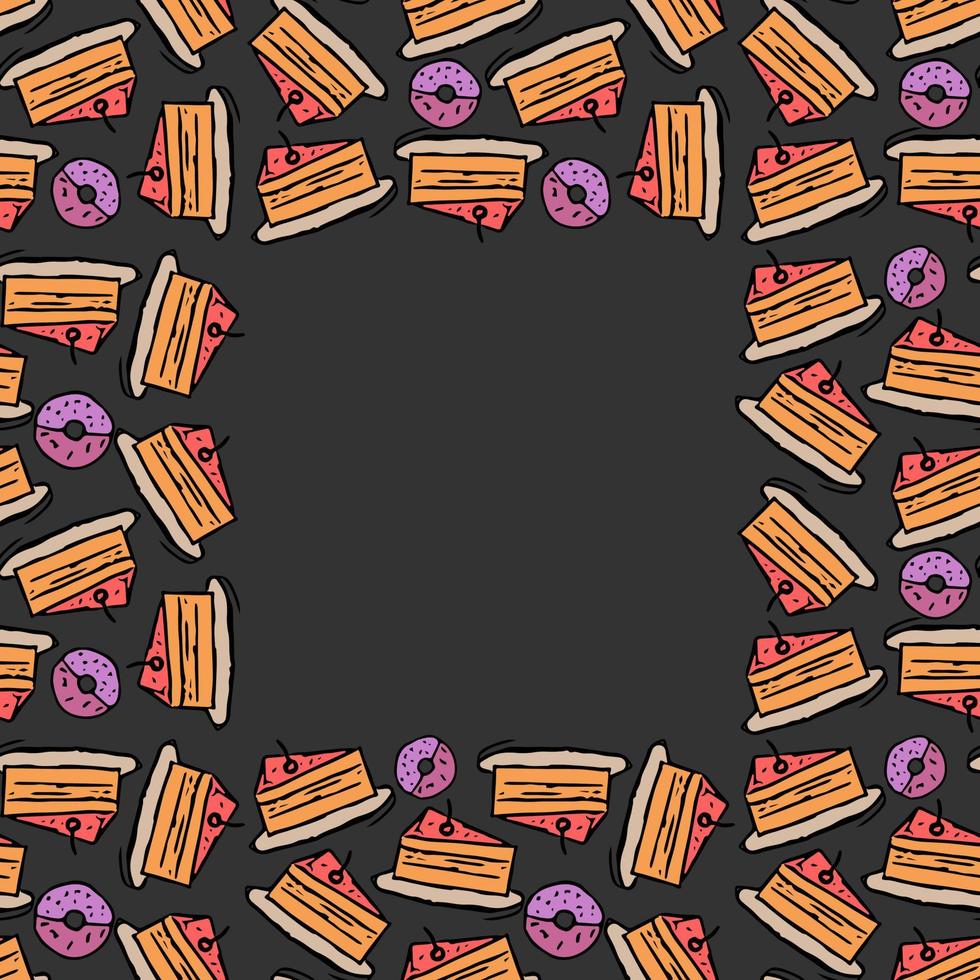 Colored seamless pattern with cakes and donuts icons. vector food icons with place for text