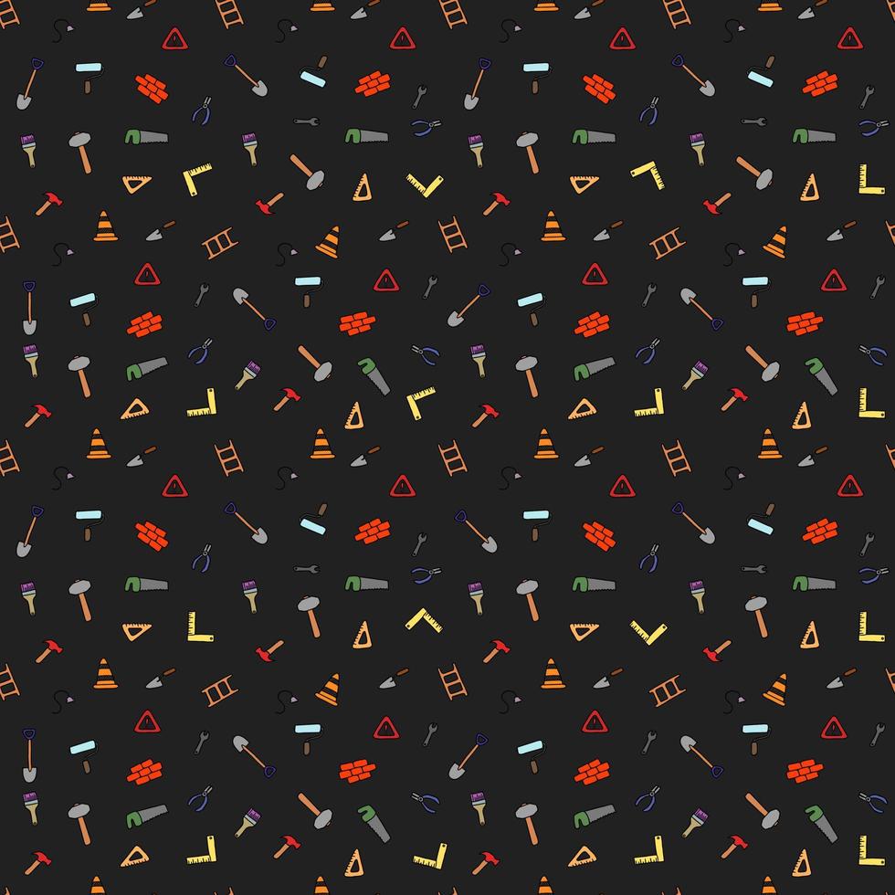 Colored construction build icons pattern. seamless doodle pattern with tools for construction. vector illustration on the theme of construction on dark background