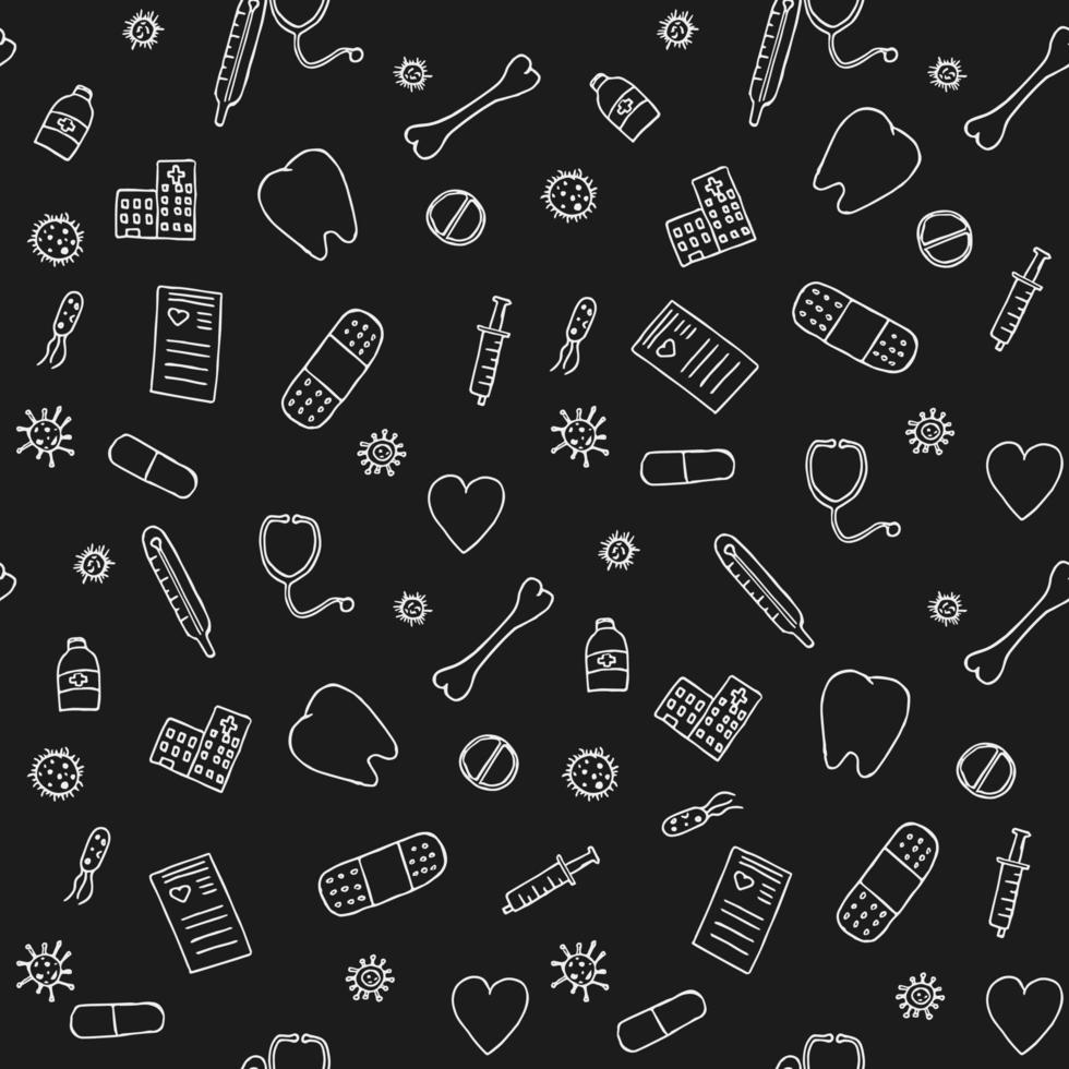 seamless pattern with icons on the theme of medicine. Doodle vector with medicine icons on black background.Vintage medicine icons