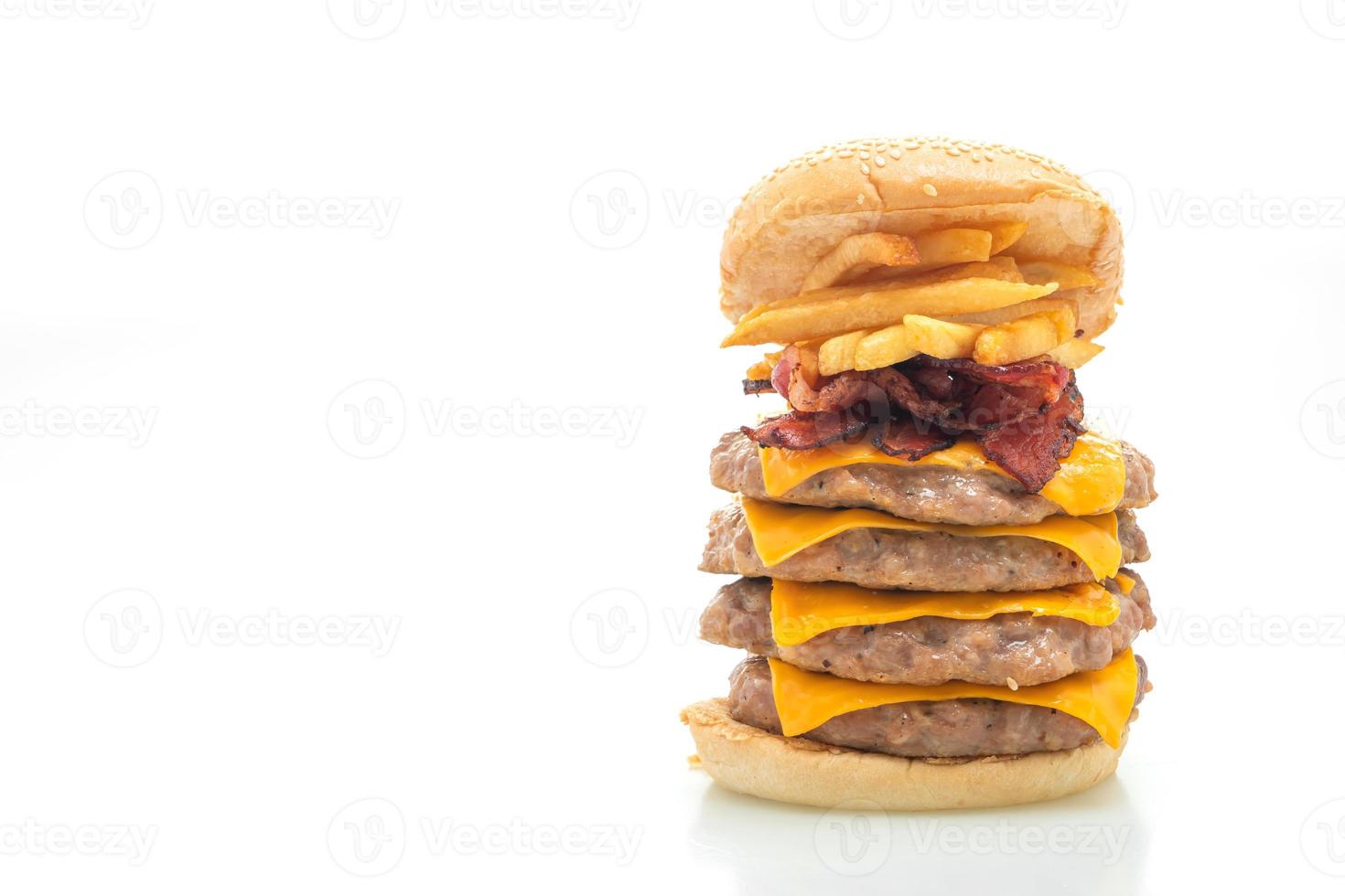 pork hamburger or pork burger with cheese, bacon and french fries on white background photo