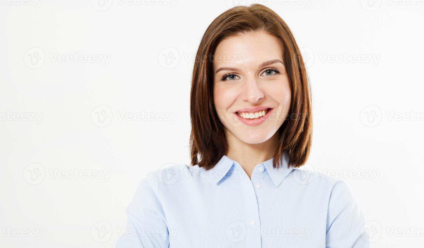 Beautiful smile woman face close up portrait young studio on white, brunette girl photo