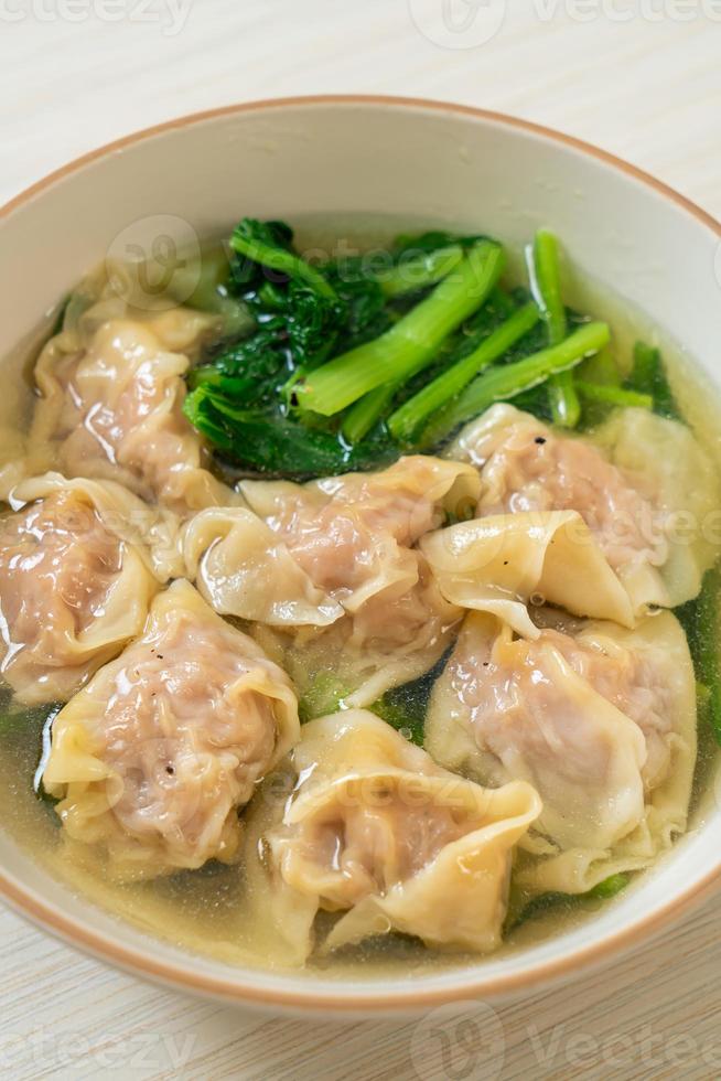 pork wonton soup or pork dumplings soup with vegetable photo